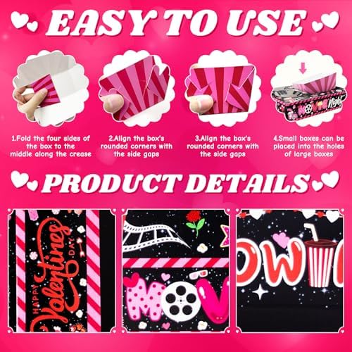 48 Pcs Valentine's Day Party Supplies - Movie Night Paper Snack Trays & Decorations - Heart Love Party Favors - Family Movie Popcorn & Drink & Candy Box - Image 3