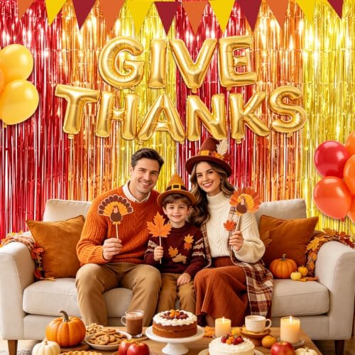 Thanksgiving Decorations, 2Pack Thanksgiving Foil Fringe Backdrop Curtains with GIVE THANKS Balloons for Thanks Giving Fall Party Decoration Wall Decor Photo Booth Props Fall Streamers, 3.3 x 6.6ft - Image 5
