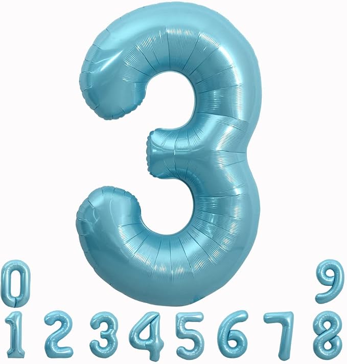 TONIFUL 40 Inch Light Blue Large Numbers 0-9, Number 3 Digital 3 Helium Balloons by TONIFUL