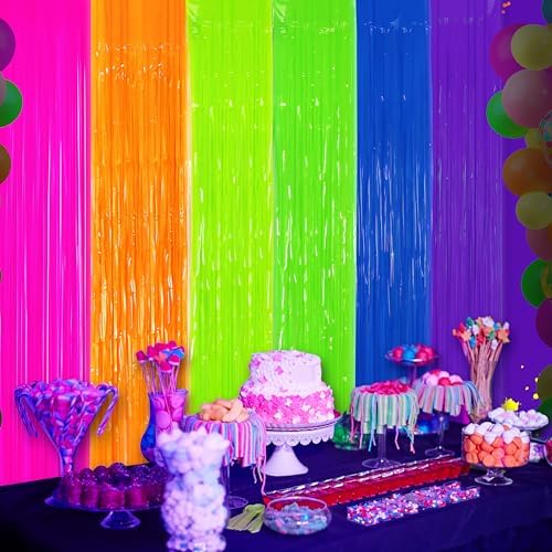 Fayoo Glow in The Dark Tinsel Curtains 2Pack 3.3x6.6ft Neon Party Backdrops - Image 6