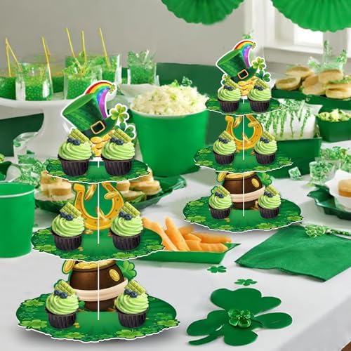 3 Tier St. Patrick's Day Cupcake Stand Shamrock Cardboard Display Stand Green Irish Cupcake Holder for St. Patrick's Day Party Decorations - Image 4