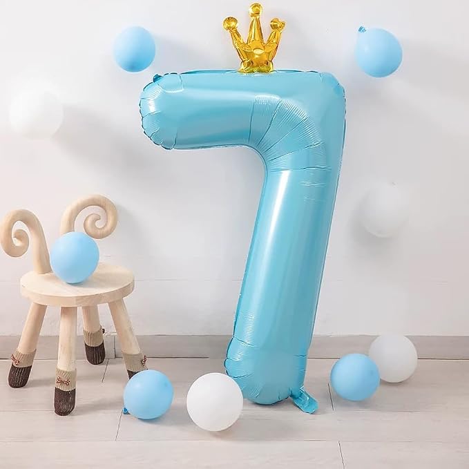 Blue Number 7 Balloon with Crown, 40 inch Blue Number Balloon 7th Birthday - Image 4