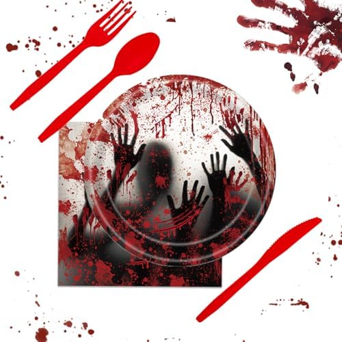 168 Pcs Bloody Halloween Supplies Serve 24 Zombie Horror Halloween Birthday Party Decorations Scream Bloody Good Time Party Plates and Napkins Dinnerware Set Horror Movie Decorations - Image 3