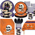 145 Pcs Spooky Halloween Party Tableware Set – Black Cat Skull Disposable Plates, Cups, Napkins and Tablecloth for Gothic Trick or Treat, Haunted House Halloween Party Supplies for 24 Guests by GistomeHome