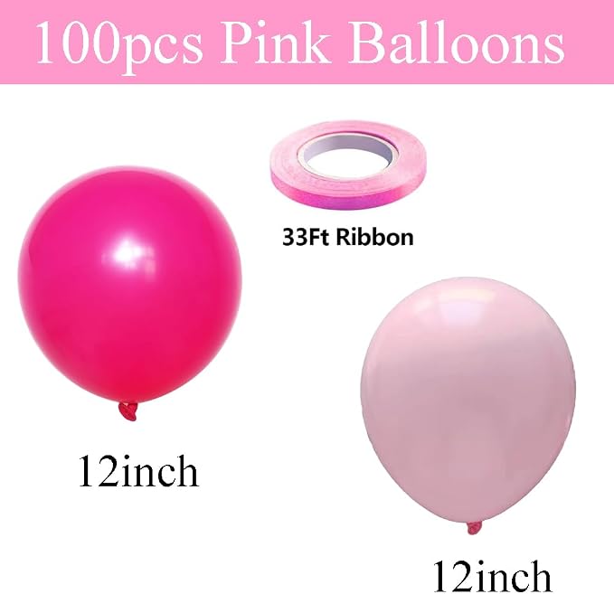 100pcs Light and Hot Pink Balloons 12 Inch w/Ribbon - Image 2