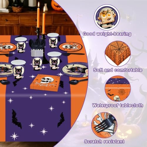 145 Pcs Spooky Halloween Party Tableware Set – Black Cat Skull Disposable Plates, Cups, Napkins and Tablecloth for Gothic Trick or Treat, Haunted House Halloween Party Supplies for 24 Guests - Image 3