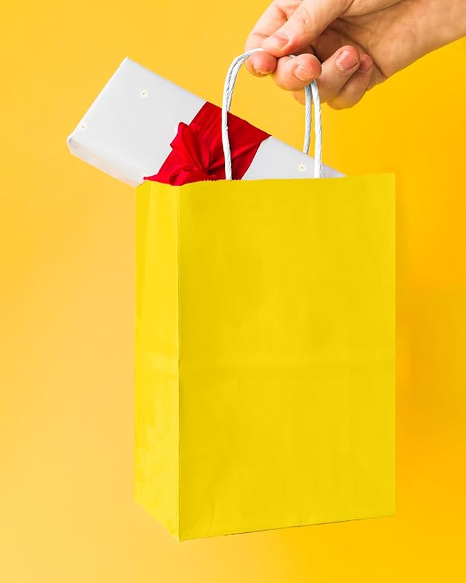Bakepacker 100 Pcs Bright Yellow Mini Paper Gift Bags with Handles 6"x4.5"x2.5" Party Favor Bags Multiple Uses (Mini size)