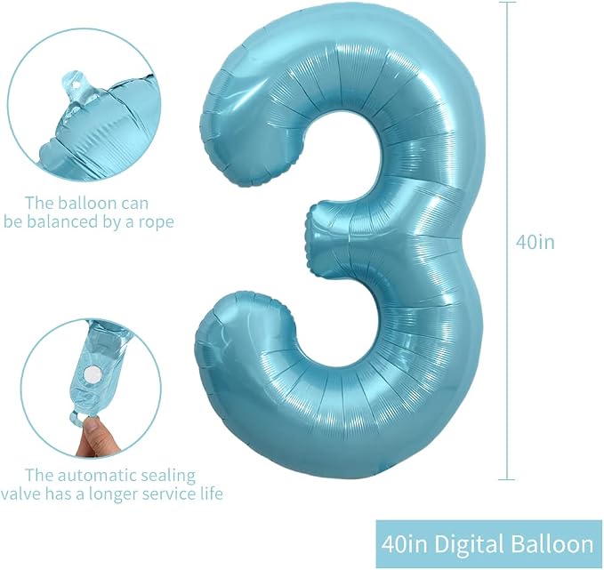 TONIFUL 40 Inch Light Blue Large Numbers 0-9, Number 3 Digital 3 Helium Balloons - Image 2