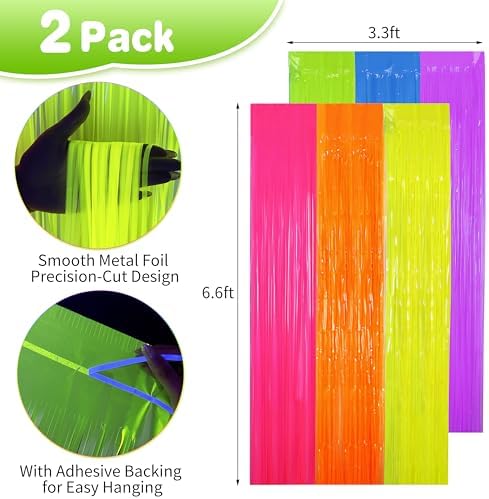 Fayoo Glow in The Dark Tinsel Curtains 2Pack 3.3x6.6ft Neon Party Backdrops - Image 2