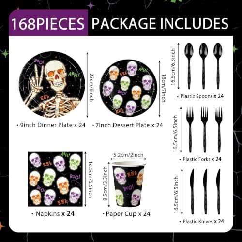 168pcs Halloween Plates Napkins Skeleton Plates Halloween Party Supplies - Image 2