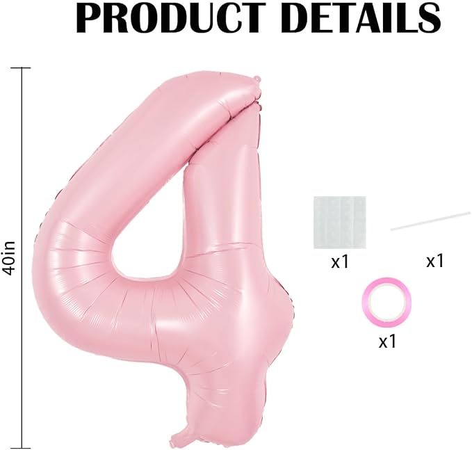 TONIFUL 40 Inch Pastel Pink Number 4 Balloons Large Foil 4th Birthday Decor | - Image 2