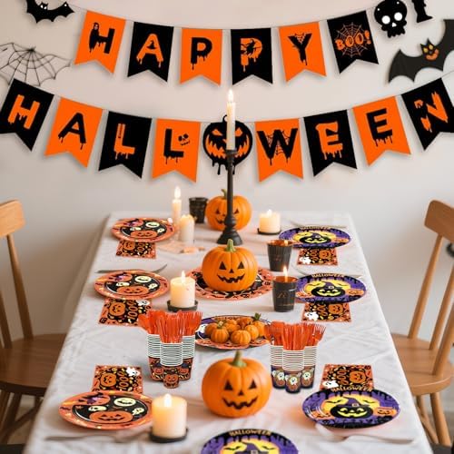 UJoyant 350 PCS Halloween Plates and Napkins Sets, Halloween Party Supplies Includes Disposable Plates Dessert Plates Napkins Cups Plastic Knives Forks Spoons Disposable Dinnerware Set (50 Guest) - Image 5