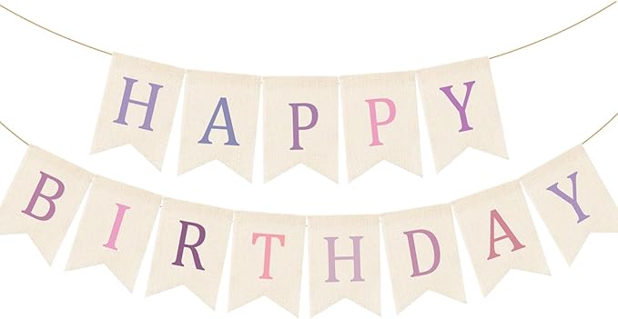 Doumeny Happy Birthday Burlap Banner Boho Birthday Garland Bunting Purple Pink by Doumeny