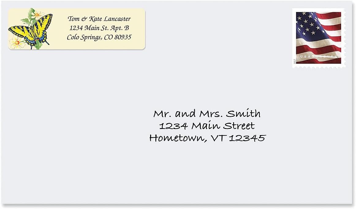 Butterflies Rolled Personalized Return Address Mailing Labels with Dispenser, Set of 500, 5 Designs, Small ¾ x 2½ Inch Size, Custom Self-Adhesive Sticker Roll, by Colorful Images