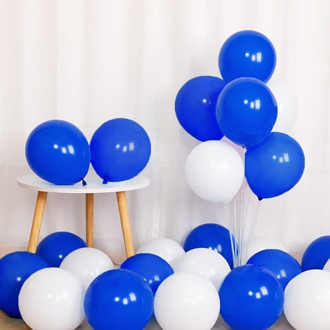 100pcs Royal Blue and White Balloons 12 Inch w/Ribbon - Image 3