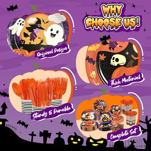 UJoyant 350 PCS Halloween Plates and Napkins Sets, Halloween Party Supplies Includes Disposable Plates Dessert Plates Napkins Cups Plastic Knives Forks Spoons Disposable Dinnerware Set (50 Guest) - Image 3