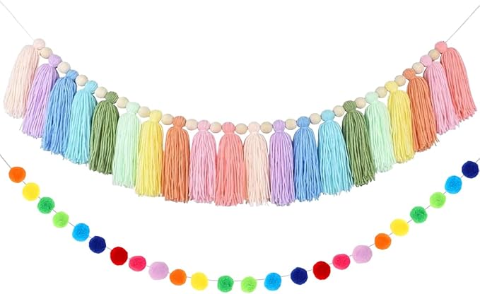 Boho Tassel Garland, Pom Pom Garland, Colorful Handmade Yarn Bunting Banner by CEUQIESO