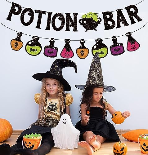 Potion Bar Banner Halloween Poison Bat Horrible Witches Haunted House Theme for Men Women Halloween Festival Holiday Party Purple Glitter Decorations (Potion Bar) - Image 5