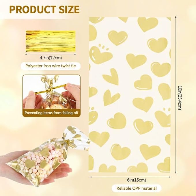 COQOFA 100 Pcs 6X10 IN Gold Heart Cello Cellophane Treat Bags Gift Party Favor - Image 2