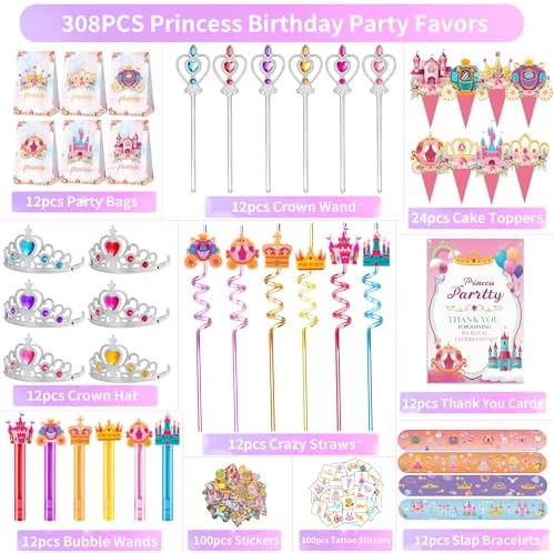 308PCS Princess Birthday Party Decorations Favors, Including Goodie Bags, Crown, Magic Wand, Straws, Bubble Wands, Stickers, Cake Toppers, Tattoo & More-Perfect for Party Decorations & Pinata Fillers - Image 3