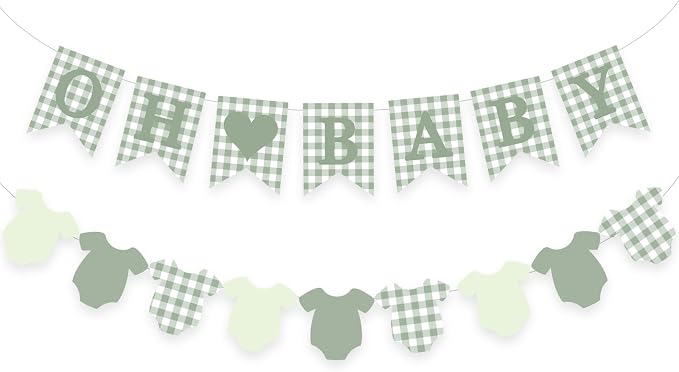Green Gingham Baby Banner Sage Plaid Welcome Baby Shower Sign Decoration by DUIILHOS