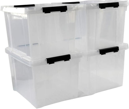 Ggbin 34 Quart Clear Lidded Storage Container Tote, Plastic Storage Box Bin with Black Latch, 4 Packs