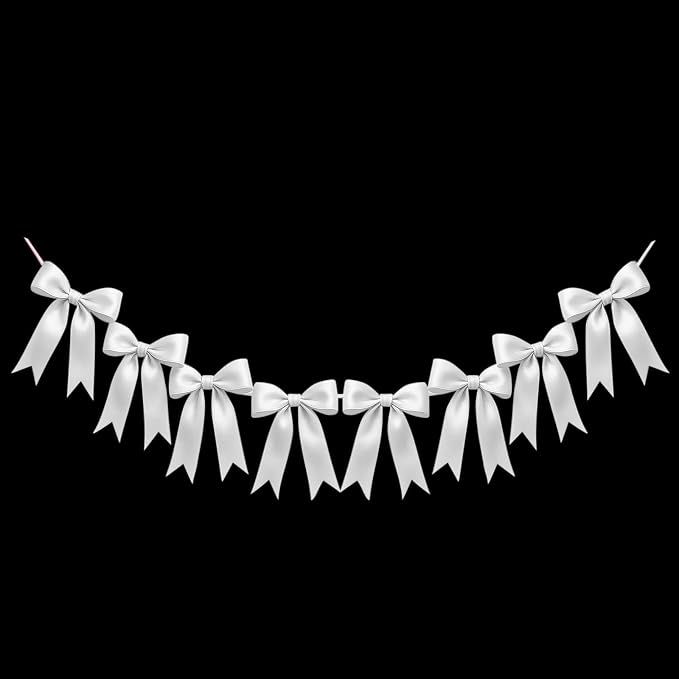 1 String of 8PCS White Bow Garland Banner Decoration, Pre-Strung Satin Ribbon by Unknown