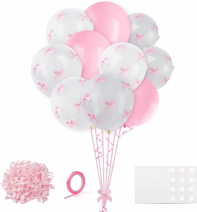 Pink Bow Balloons，32Pcs White Pink Balloons & 100Pcs Mini Ribbon Bows DIY Bow by MZLUWM