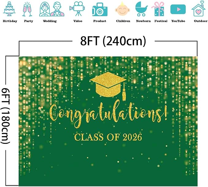 Mocsicka Class of 2026 Backdrop Green Gold Glitter Bokeh Graduation Party - Image 4