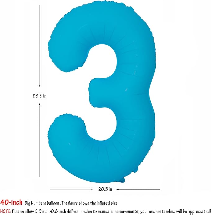40 in Blue Number Balloon 3 Blue Fluorescent Birthday balloon Number 3 | Helium - Image 2