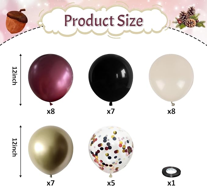 Black Burgundy and Gold Fall Balloons, 12inch Retro Dark Maroon Beige Gold and - Image 2