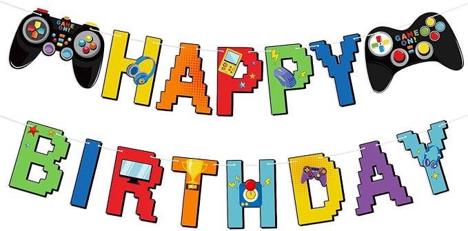 Video Game Controller Birthday Banner Video Gameing Theme Party Decorations by Adecortalk