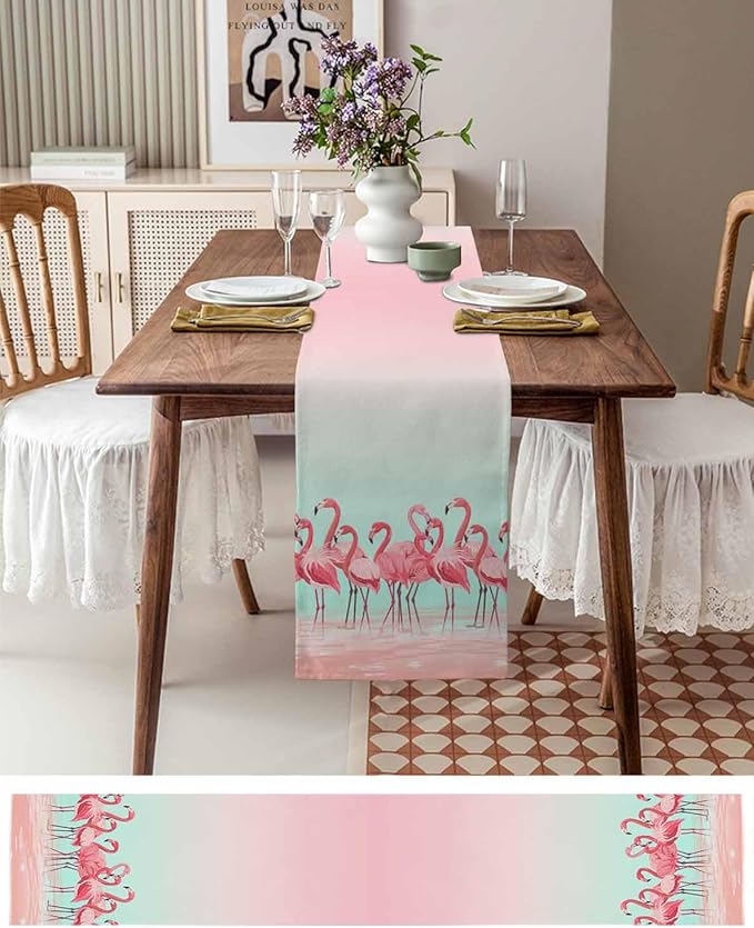 Tropical Flamingo Cotton Linen Table Runner for Dining Kitchen, Wedding Outdoor Party Tablerunners Decoration, Pink Bird Coastal Nautical Animal Dresser Scarf Coffee Tablecloth Runners 13x48 Inches