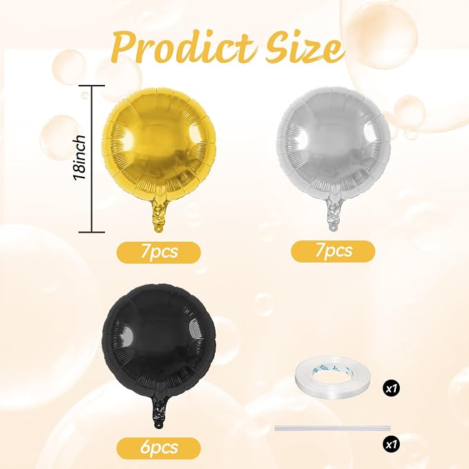 20PCS Gold Black Sliver Round Shaped Foil Balloons, 18 Inch Round Foil Balloon - Image 2