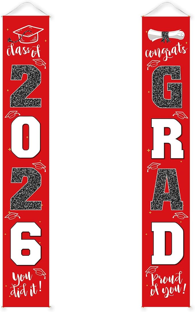 Graduation Decorations 2026 Banner Porch Sign Red Black by ATFUNSHOP