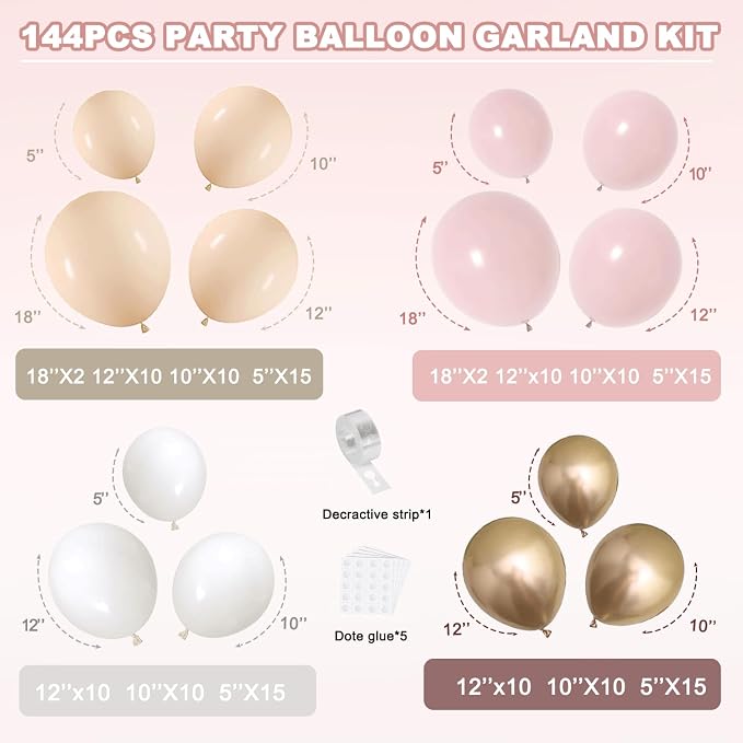 Dusty Pink Gold White Nude Balloons Arch Kit, Party Decor. | Light - Image 2