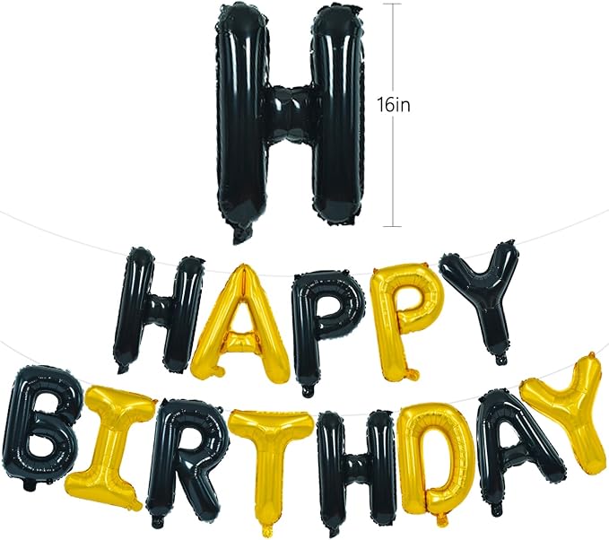 TONIFUL 16 Inch Black Gold Happy Birthday Balloons Banner Decor - Image 2