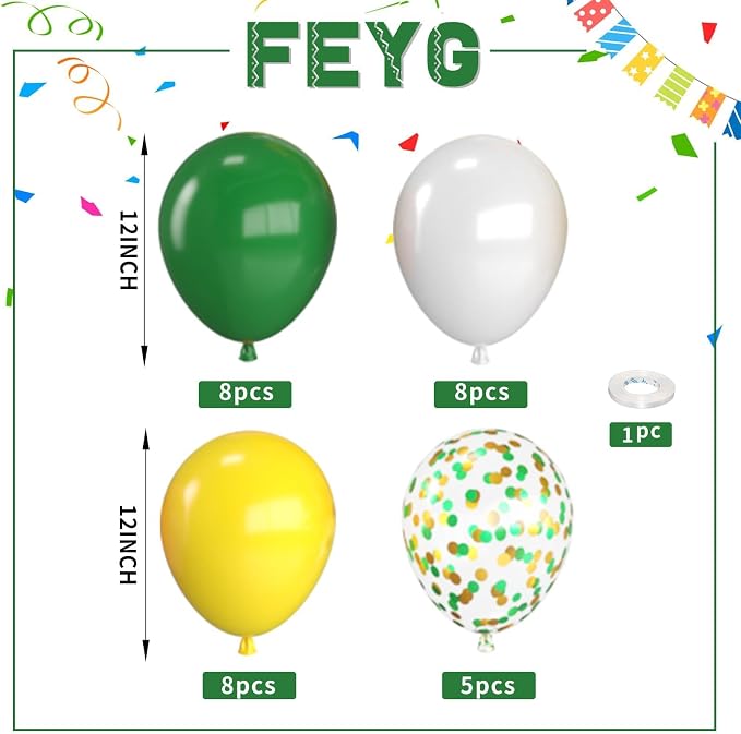 Green and Yellow Balloons, 12 Inch Dark Green Yellow and White Confetti Balloons - Image 2