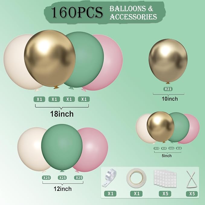 Sage Green Pink White Gold Balloons Garland Arch Kit - Image 2