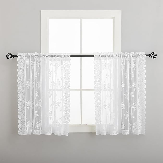 Kotile White Lace Kitchen Curtains Rustic Floral W52 x L36 Inch, 2 Panels | Rod - Image 6