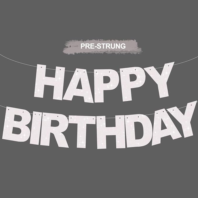 BEISHIDA Pre-Strung Glitter White Happy Birthday Banner Party Sign Decor | NO by Beishida