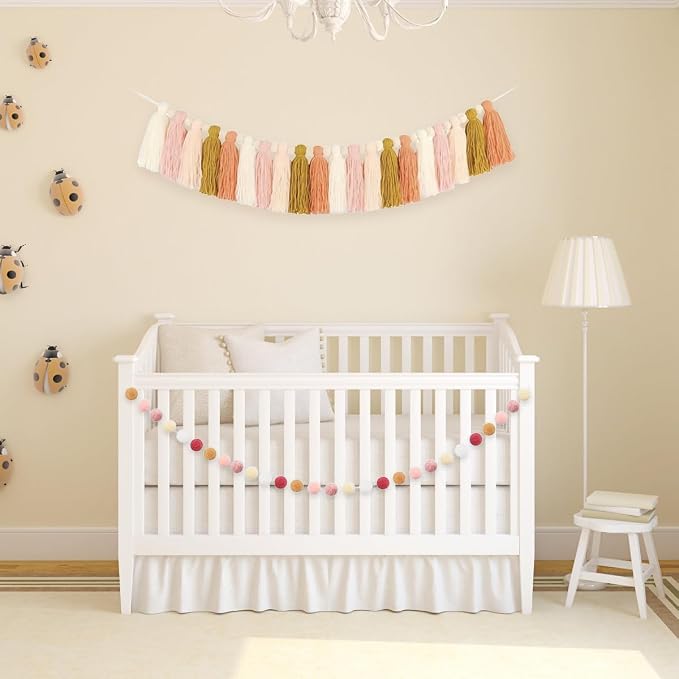 Yellow Pink Tassel Garland, Pom Pom Garland, Kids Room, Baby Shower, Birthday - Image 4