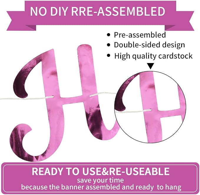 BEISHIDA Double-sided Pink Happy Birthday Banner Party Decoration NO DIY | - Image 3