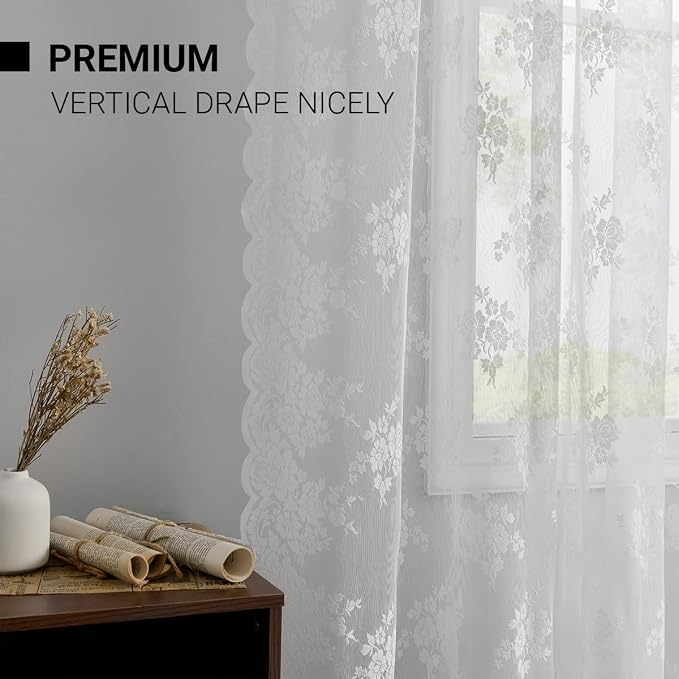 Kotile White Lace Curtains for Kitchen Windows W52 x L45 Inch, 2 Panels | Rod - Image 4