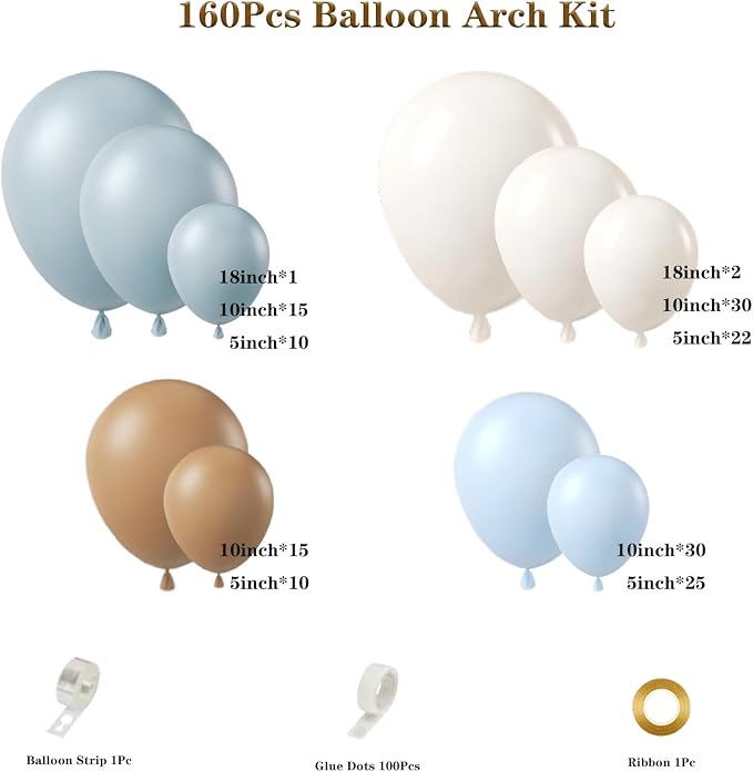 160Pcs Dusty Blue and Brown Balloon Garland Arch Kit Brown White Light Blue - Image 2