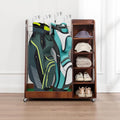 Wooden Golf Bag Organizer for Garage, Holds 2 Full-Size Bags with Shoe & Accessory Storage, Black Finish Wood Golf Equipment Rack for Home, Shed, or Basement