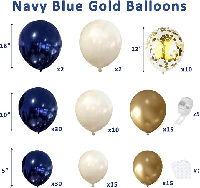 Navy Blue Gold Balloon Arch Kit, Pearl White, Different Size | Double Stuffed - Image 2