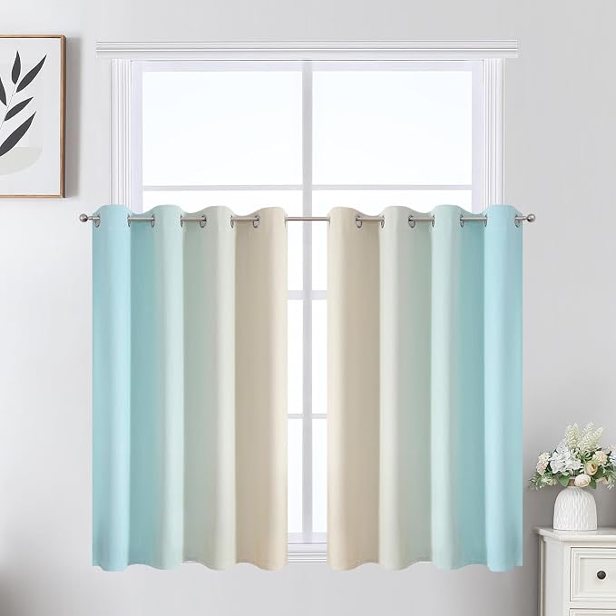 Beige and Aqua Ombre Short Blackout Cafe Curtains 36 Inch Length, Thermal by ESTELARTEXTILER