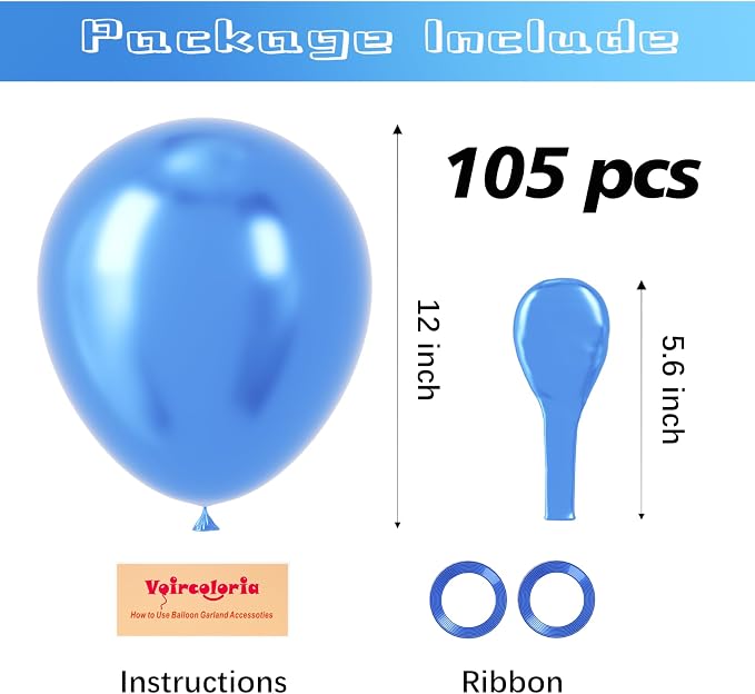 Voircoloria 105pcs Metallic Blue Party Latex Balloons, 12inch | - Image 2