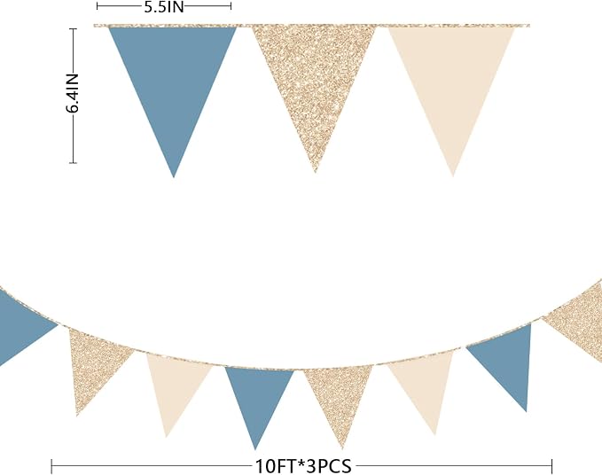30Ft Champagne Gold Dusty Blue Beige Party Decorations Pennant Banner Flag - Image 2